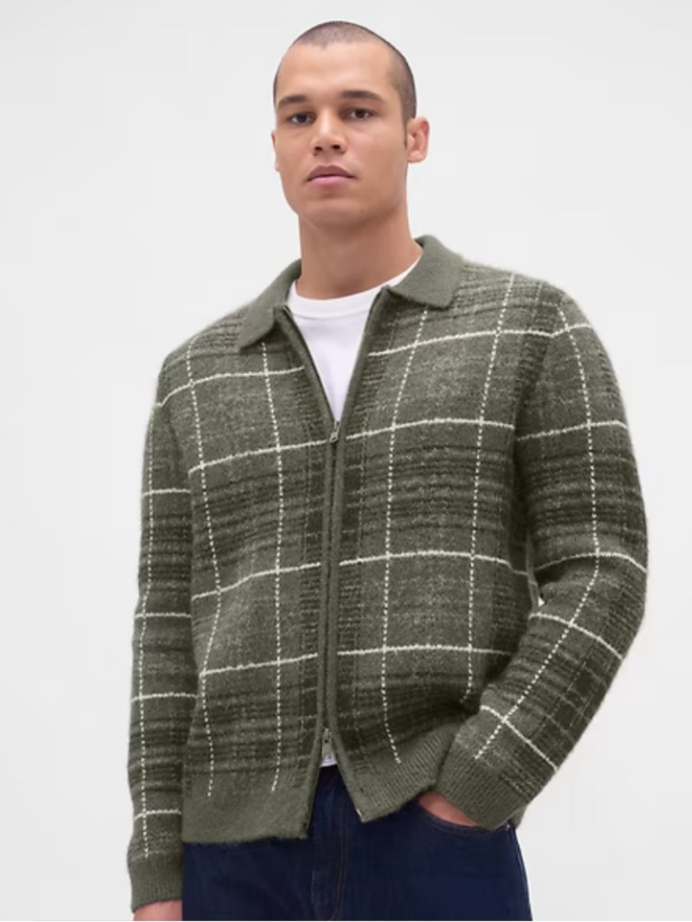 Gap Brushed Plaid Zip Sweater Black Moss Wool Blend Gender Neutral Sweater